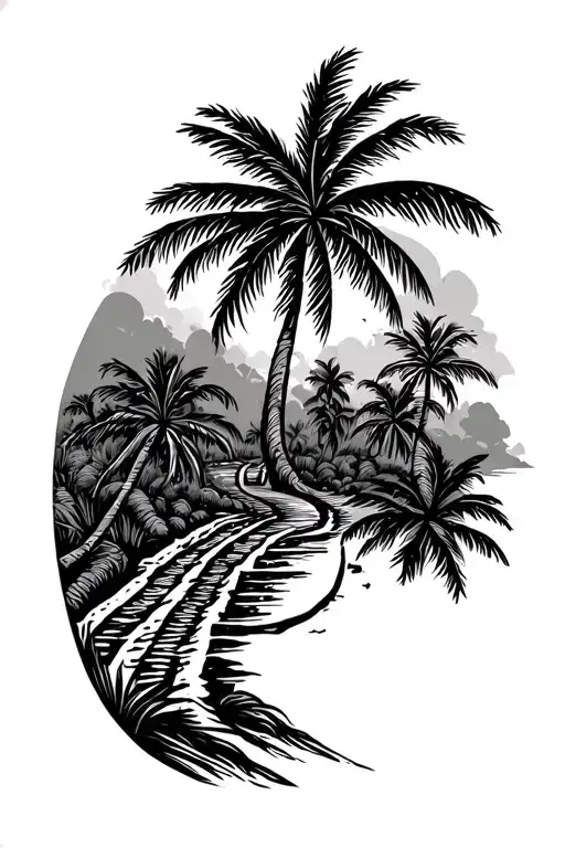 Cambodian heritage, Taino Puerto Rican heritage, no flag, with trail running. palm trees tattoo design idea