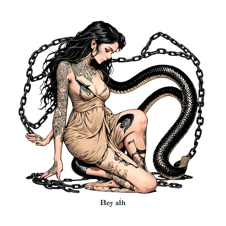 "A snake coils her protecting " a tan woman with long dark hair wearing a flimsy torn dress , locked to the ground by obsidian chains wrapped around her tattoo design idea