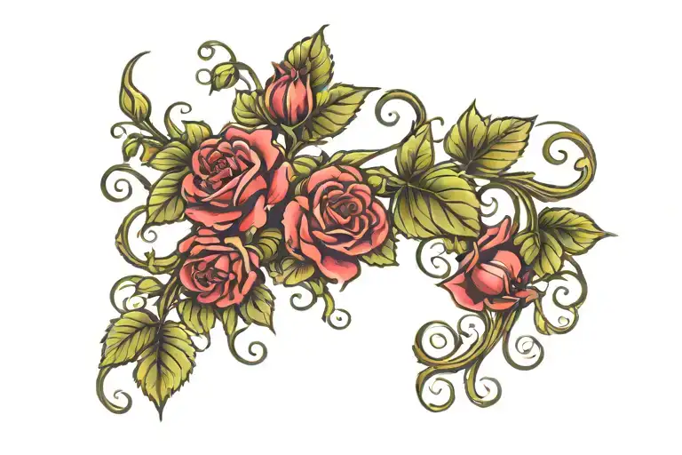 Scarlet roses and grape vine tattoo design idea