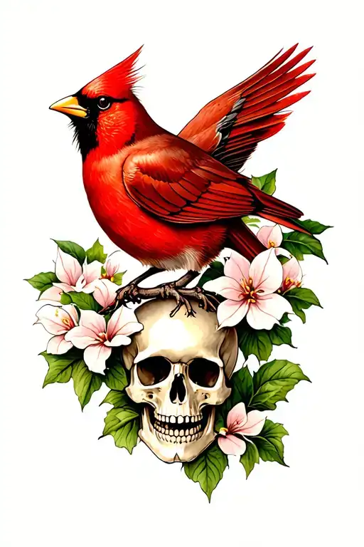 cardinal and skull dogwood tree tattoo design idea