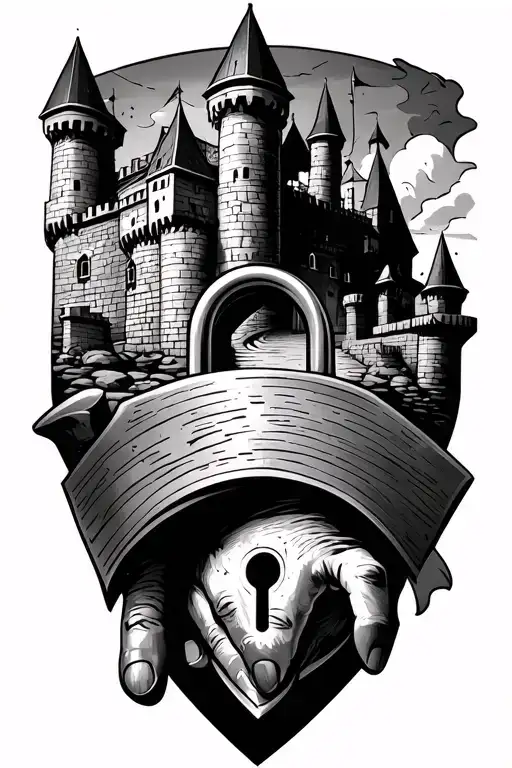 tattoo on the sleeve. On the shoulder of the castle, the road from him goes down the arm to the knight, there are already rummage on his hand. Wall the sleeve of the lock on tattoo design idea