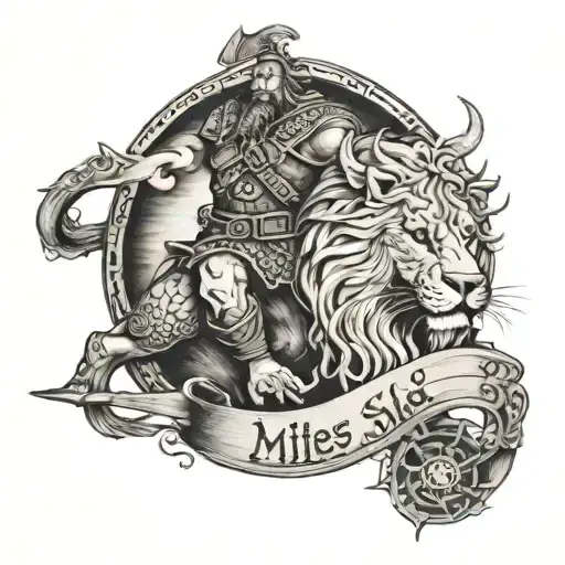 viking with lion and accent of sea turtle with the quote "miles to go before i sleep" tattoo design idea