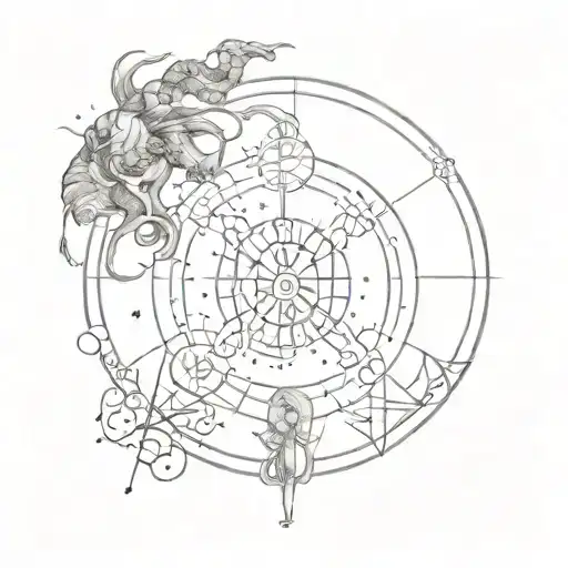 Zodiac Constellation Intertwined With Sagittarius And Libra in The Center And Pisces, Aries and Scorpio On A Circle tattoo design idea