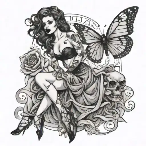 sexy nude  goth pin up girl in skirt and crop top tattoo design idea