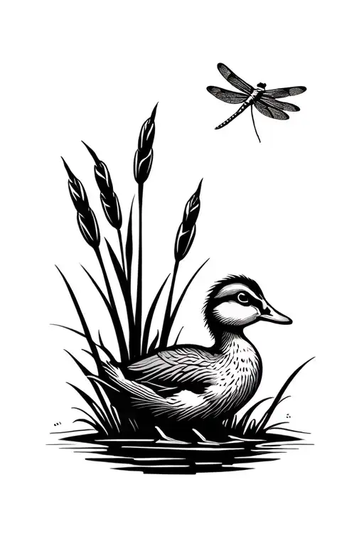 duckling looking up at dragonfly on cattails tattoo design idea