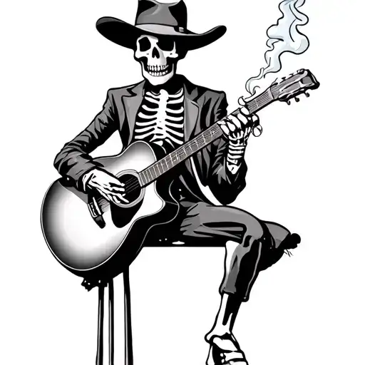 Cowboy Skeleton Smoking playing guitar tattoo design idea