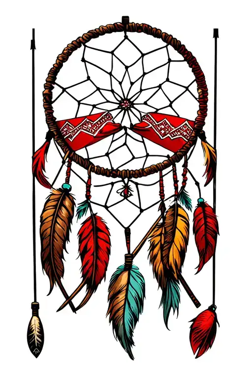 red bandana dream catcher with fishing poles crossed behind it tattoo design idea