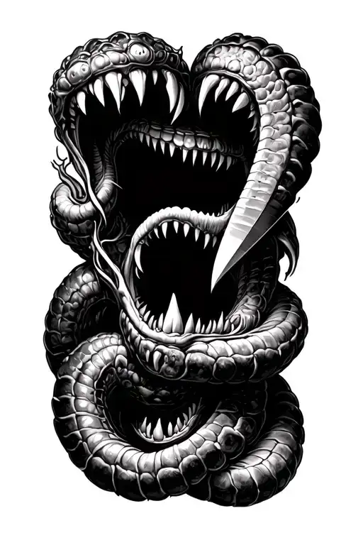 giant worms with open mouths wrapped around a bone knife tattoo design idea