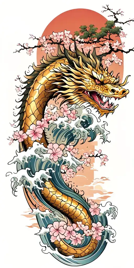 A fierce golden dragon emerging from the ocean waves with cherry blossom trees in the background tattoo design idea