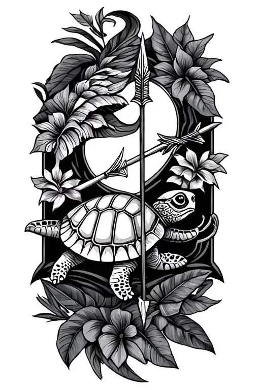 Ohana paired with Sagittarius arrow and hawaiian turtle tattoo design idea