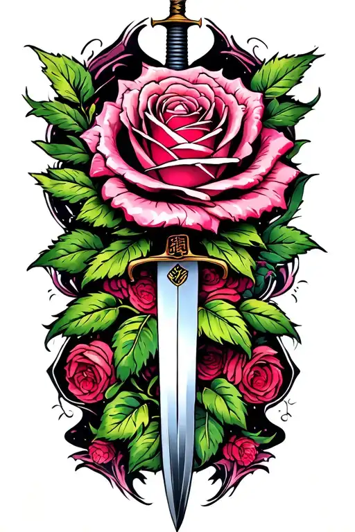 A beautiful hybrid tea rose intertwined with a Jian Sword tattoo design idea