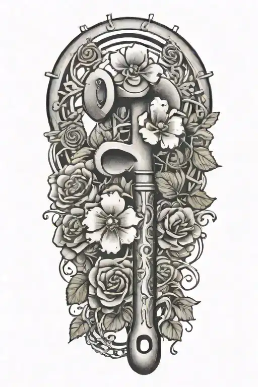 pipe wrench with roses and clovers tattoo design idea