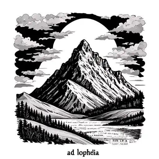 Small fine line tattoo with a small mountain with the words au dela des rochers under it and then even lower ad lophelia tattoo design idea