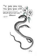 A back piece with a snake native to Missouri, Hawthorne flowers and the quote “you reap what you sow” tattoo design idea
