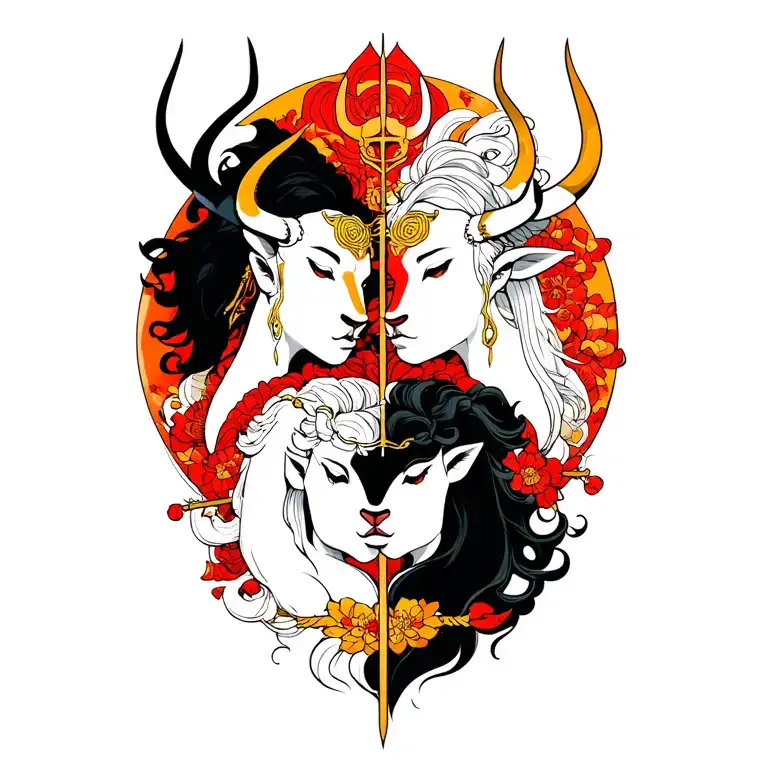 Gemini and Taurus with their trident in tattoo design idea