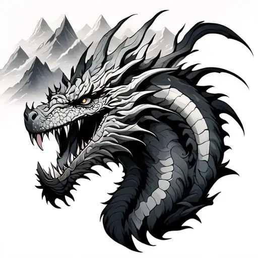 full back tattoo with mountains and stormy weather. Avatar style. Avatar rokus dragon (fang) in the front. tattoo design idea