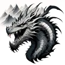 full back tattoo with mountains and stormy weather. Avatar style. Avatar rokus dragon (fang) in the front. tattoo design idea