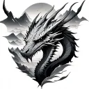 full back tattoo with mountains and stormy weather. Avatar style. Avatar rokus dragon (fang) in the front. tattoo design idea