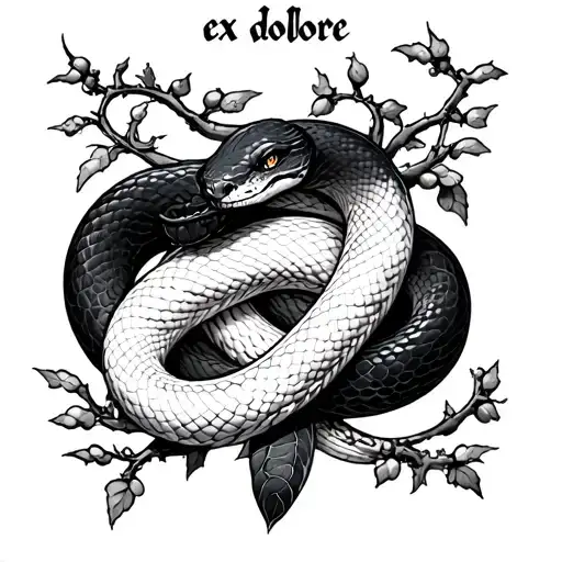A spell, two snake wrapped around one black the other white, on the pommel is written ex dolore with light brambles tattoo design idea