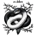 A spell, two snake wrapped around one black the other white, on the pommel is written ex dolore with light brambles tattoo design idea