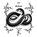 A spell, two snake wrapped around one black the other white, on the pommel is written ex dolore with light brambles tattoo design idea