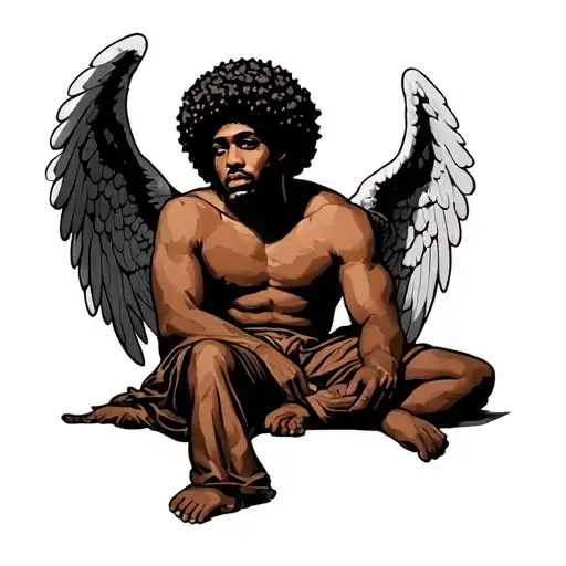 Male afro Angel sitting tattoo design idea