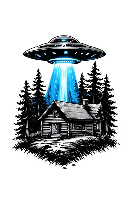 ufo with blue beam over a cabin in the woods tattoo design idea