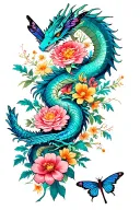 full leg sleeve with dragons butterfly dragonflies flowers tattoo design idea