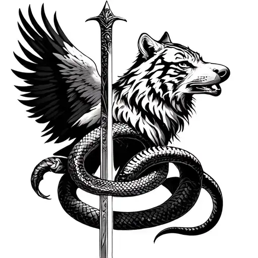eagle and snake and sword ,tiger and wolf tattoo design idea