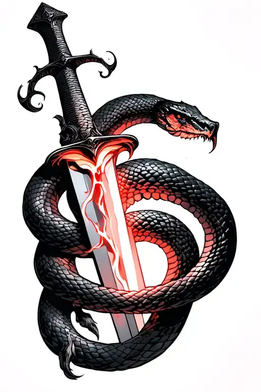 a fine line tattoo running down the spine. a snake wrapping around a sword, towards the end of the sword it glows red tattoo design idea