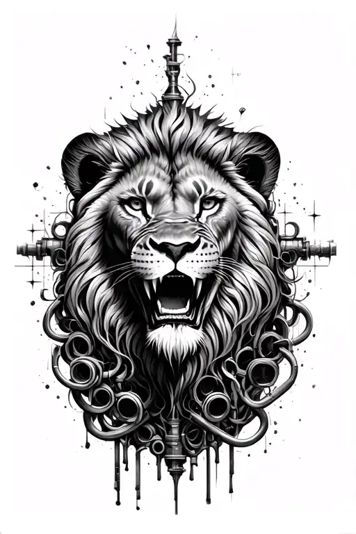 labyrinth of pipes filling the whole background, Young lion rawring face in middle of it (small) tattoo design idea