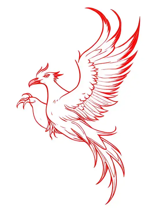 fiery phoenix flying facing forward, make it color red, and fine line style tattoo design idea