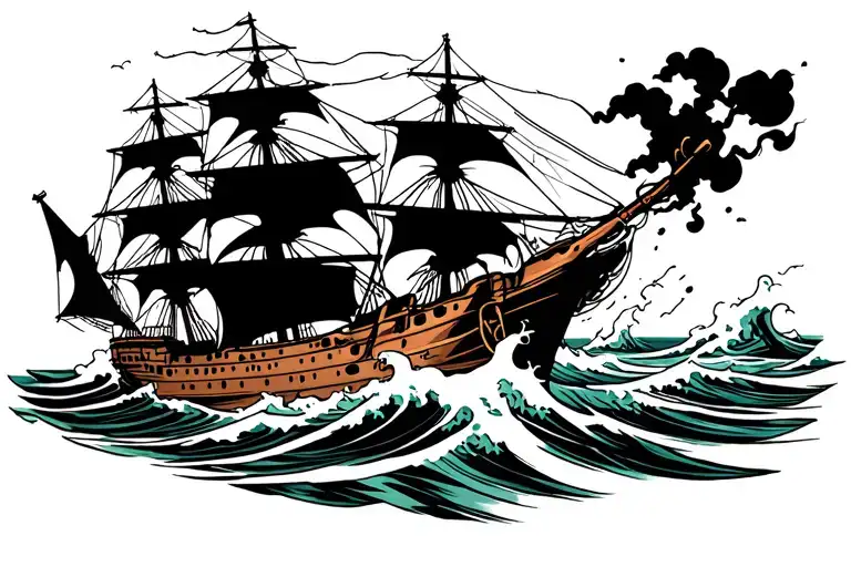 3 mast ship crashing through wave with posiedon emerging tattoo design idea