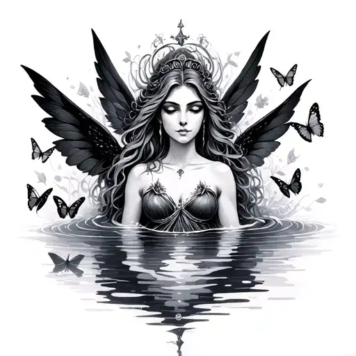 Aquarius goddess with dark fairy wings and butterflies surrounding the water tattoo design idea