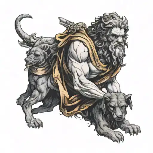 hades holding cerberus tattoo design idea