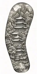 buddhist inpired tattoo focusing on scenary of temples, water, mountains and with lotus, koi, bamboo, and other symbols tattoo design idea