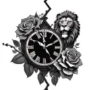 broken clock with roses and a lion tattoo design idea