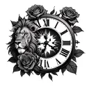 broken clock with roses and a lion tattoo design idea