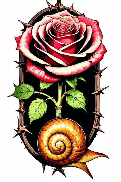 Top view of a rose. A snail on a metal rod with thorns. tattoo design idea