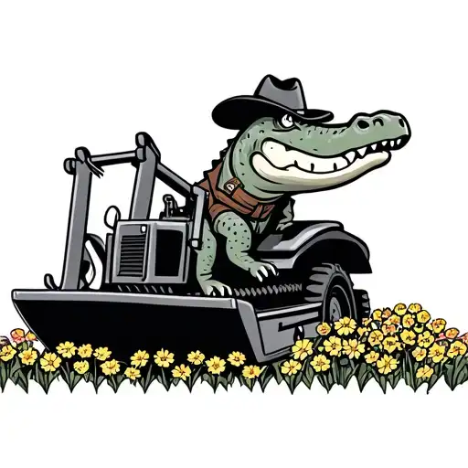 A cartoon alligator riding a bulldozer through a field of flowers wearing cowboy clothes. tattoo design idea