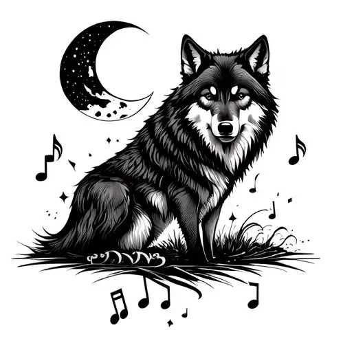 Musical notes with wolf and moon tattoo design idea