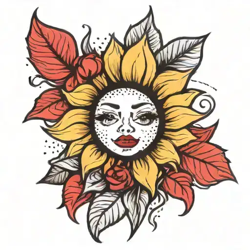 a simple funky sunflower but with a face of an old Hollywood beauty with big red lipstick tattoo design idea
