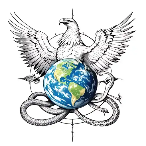An eagle and a raven surrounding the planet Earth. And a snake in the center tattoo design idea