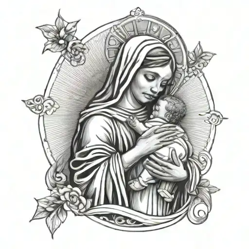 Draw the baby Jesus in Marriam's arms. Marriam is crying. tattoo design idea
