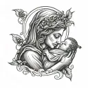 Draw the baby Jesus in Marriam's arms. Marriam is crying. tattoo design idea