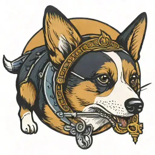Tri color corgi with medieval flail in mouth tattoo design idea