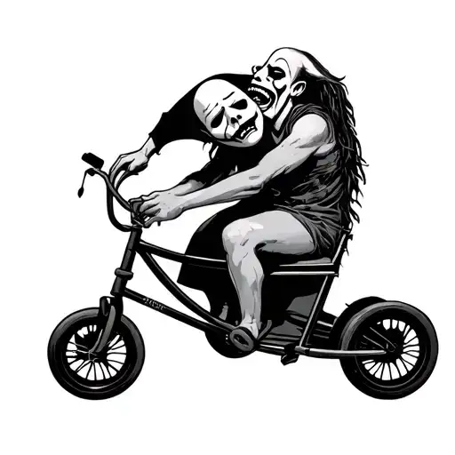 A headless jester sits on a three-wheeled children's bicycle, holding his head and a crying mask in his hands. tattoo design idea