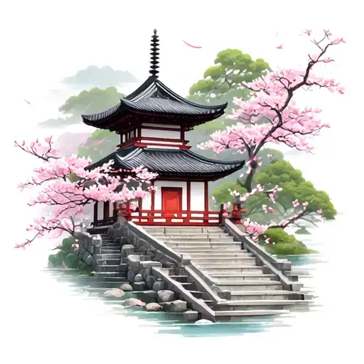 japanese pagoda temple with cherry blossoms, scenery with water and steps, pink sakura pedals falling in the background tattoo design idea