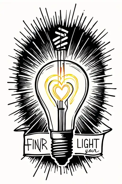 a lightbulb with a heart filament and rays emitting from it. the tattoo also says find your light  tattoo design idea