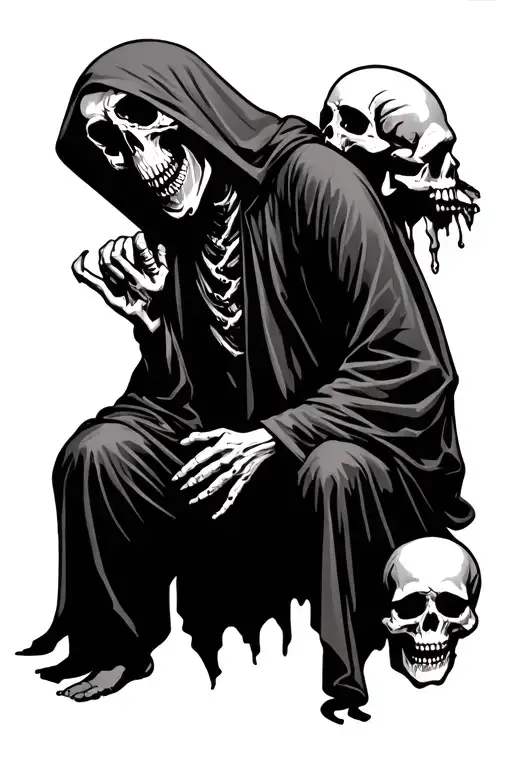 full grim reaper with skulls coming out of clothes. skulls are the see no evil speak no evil hear no evil. broken clock tattoo design idea